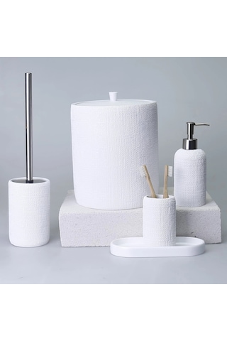 By Selim Natural Beyaz 5 Parça Polyester Banyo Seti Beyaz