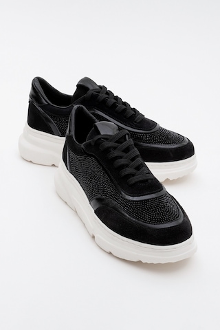 Luvishoes Luvi Shoes Pablo Siyah Süet Siyah Taşlı Hakiki Deri Kalın Tabanlı Kadın Spor Ayakkabı Siyah-süet Siyah