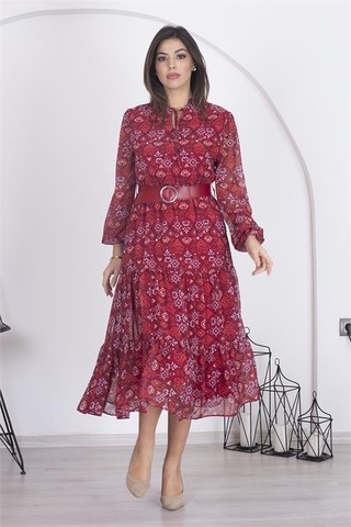 Neşeli Butik Kadın Astarlı Etnik Desenli Şifon Elbise Rsnb002 - Bordo Bordo