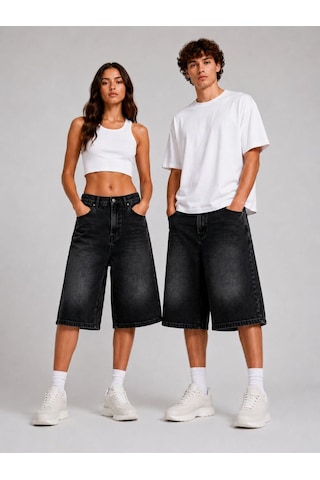 St.poll Eskitme Yıkama Unisex Baggy Denim Şort Siyah