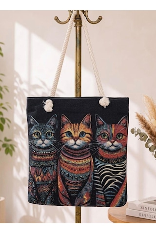 Genel Markalar Goblen Kadın Omuz Çantası+ Kedi Desen Krem.karışık Renkli Desenli