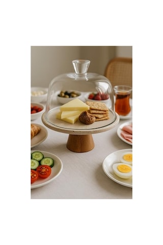 Akayev Traverten 25 Cm Ahşap Konik Ayaklı Beyaz Cam Fanus