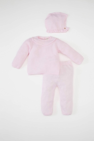 Defacto Kız Bebek 3'lü Takım Bisiklet Yaka Basic Düz Triko Kazak Beli Lastikli Alt Bere C9763A524WNPN688 Pembe