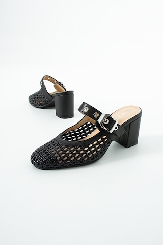 Dericia Shoes Aveline Hakiki Deri Kadın Örgülü Kalın Topuklu Terlik Siyah