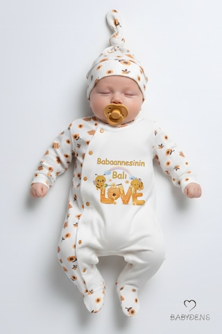 Babyden's Babaannesinin Balı Yazılı Yenidoğan Bebek Tulum Şapka Set Arı Desenli Çıtçıtlı Unisex Tulum Ekru - Çok Renkli