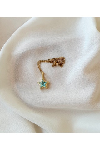 Yıldız Altın Kaplama Zirkon Mavi Taşlı Kolye Metalik