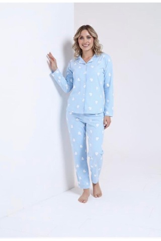 Kadın Açık Mavi Kalp Desenli Düğmeli Uzun Kollu Pamuk Pijama Takımı Mavi