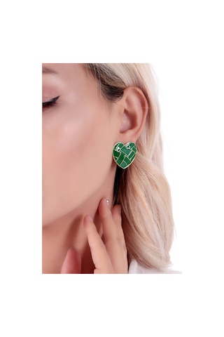 Bhs Life 925 Ayar Kadın Gümüş Kalp Yeşil Desenli Seramik Küpe Yeşil