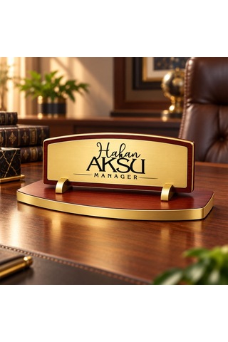 Bk Gift Kişiye Özel Ahşap Masa İsimliği Gold Plakalı Bk27 -3 Çok Renkli
