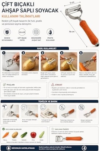 Çift Bıçaklı Ahşap Saplı Sebze Ve Meyve Soyacak Paslanmaz Çelik Ultra Keskin Tırtıklı & Düz Bıçaklı, Ergonomik Kaymaz Sap, Patates Havuç Kabak Elma İçin Profesyonel Mutfak Soyucu