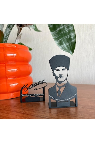 Atatürk Silüet & İmza Metal Masa Dekoru Kişiye Özel Yazı Seçene