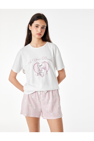 Koton Pamuklu Bisiklet Yaka Kısa Kollu Pijama Takımı Pembe Desenli 6slk40146mk