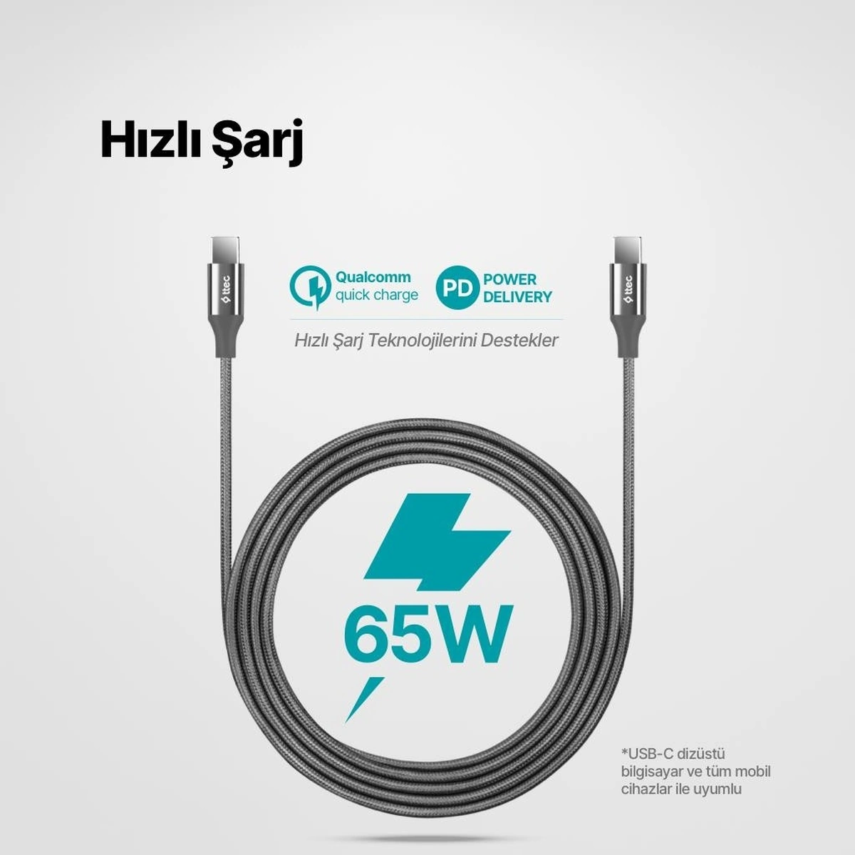 Alumicable Usb-c - Usb-c 200cm 65w Pd/qc Hızlı Şarj/data Kablosu Uzay Grisi 2dk51ug