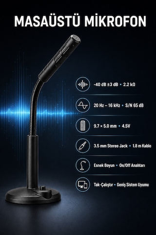 Masaüstü Pc Mikrofonu 3.5 Mm Jack Esnek Boyunlu Açma Kapama Tuşlu Oyun Yayın Ve Ders Mikrofonu Siyah Tak-çalıştır