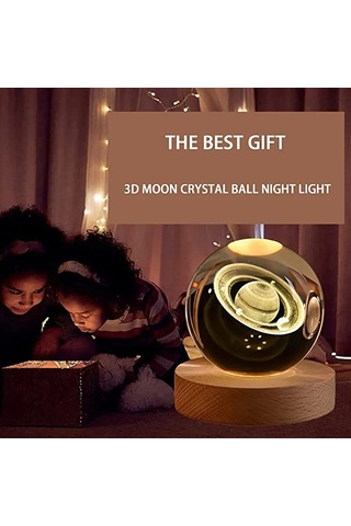 Yunboo 6cm Kristal Top + Ahşap Tabanlı 3d Lazer Gravürlü Ay Galaksi Led Gece Lambası Şeffaf