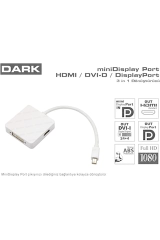 Dark Mini Display Port To Display Port/Hdmı/Dvı Üçlü Dönüştürücü