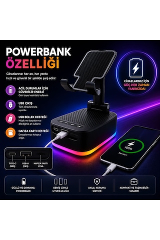 Rgb Ledli 3 In 1 Telefon Tutucu Powerbank Ve Bluetooth Hoparlör Özellikli Tf Kart Ve Usb Bellek Destekli Taşınabilir Telefon Tutucu