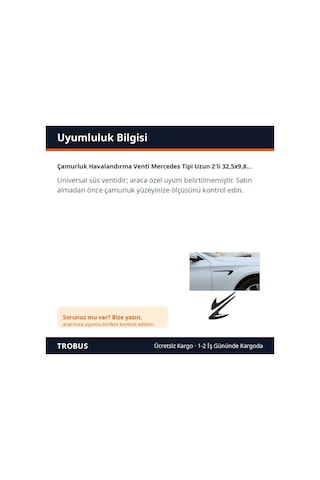 Trobus Çamurluk Havalandırma Venti Mercedes Tipi Uzun 2'li 32,5x9,8 Cm Parlak Siyah
