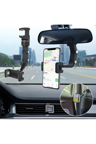 Araç Oto Dikiz Aynası Çok Amaçlı Telefon Tutucu 360 Derece Dönebilir 1-black