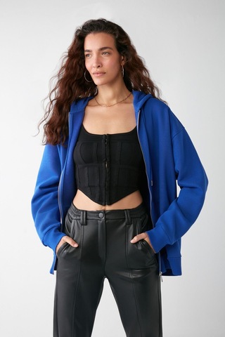 Grımelange Alena Kadın Basic Kanguru Cepli Oversize Organik Pamuk Fermuarlı Kapüşonlu Saks Mavi Sweatshirt