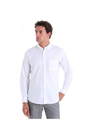 Hatemoğlu Beyaz Comfort Fit Düz 100% Pamuk Düğmeli Yaka Uzun Kollu Casual Oxford Gömlek Beyaz