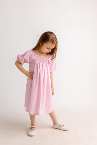 Oliventhekid Pembe Sıra Lastikli Kız Çocuk Elbise Pembe Pembe