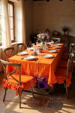 Turuncu Renk El Yapımı Buldan Yıkanmıs Keten 4 Tarafı Fırfırlı Sandalye Minderi Turuncu