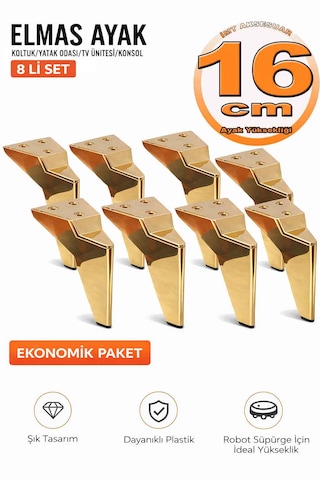 16 Cm Altın Elmas Ayak 8 Adet - Robot Süpürge Uyumlu Koltuk Dolap Tv Ünitesi Ve Mobilya Ayağı Seti Altın