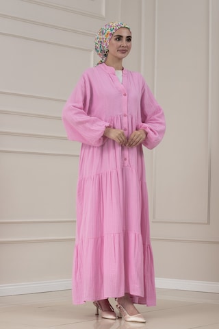 Sevitli Müslin Kumaş Robalı İvana Elbise-pembe-5813