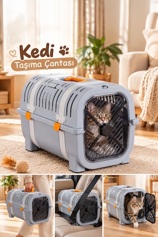 Porsima 0000 Premium Kedi Taşıma Çantası Ve Kafesi - Emniyet Kemer Yuvalı, Havalandırmalı Kedi & Küçük Irk Köpek Taşıma Kutusu Gri / Sarı