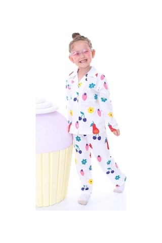 Kiz Çocuk Desenli Düğmeli Uzun Kollu Pi Jama Takimi-1074 Çok Renkli