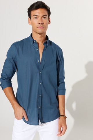 AC&Co / Altınyıldız Classics Erkek KOYU PETROL Tailored Slim Fit Dar Kesim Düğmeli Yaka %100 Pamuk Gömlek 4A2021200056KYPL Koyu Petrol