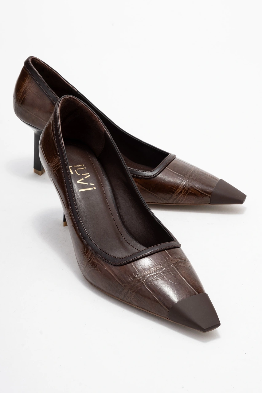 Rona Açık Kahverengi Baskı Mat Burunlu Kadın Topuklu Ayakkabı Açık Kahverengi