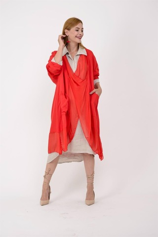Italyan Ipek Detaylı Oversize Kaftan & Bluz-8711 Koyu Mor