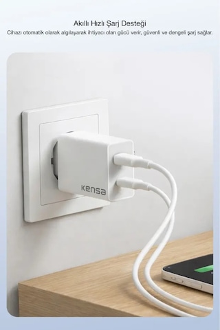 50w Pd Çift Çıkışlı Hızlı Şarj Başlığı Usb-c + Usb-a, Akıllı Güvenlik Çipli 1 Adet