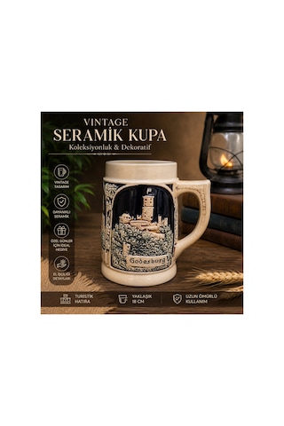 Vintage Alman Seramik Bira Kupası Godesburg Kabartmalı Koleksiyonluk Kupa
