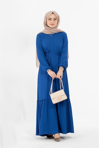 Sevitli Beli Kemerli Bürümcük Elbise - Saks Mavisi-1422-saks Mavisi Saks