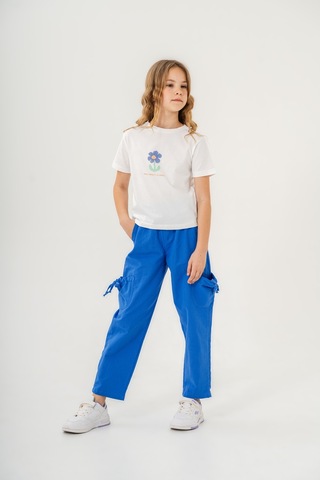 Mısstuffy Kız Çocuk Pamuklu T-shirt Keten Pantalonlu Yazlık Takım 6-9 Yaş Beyaz - Mavi