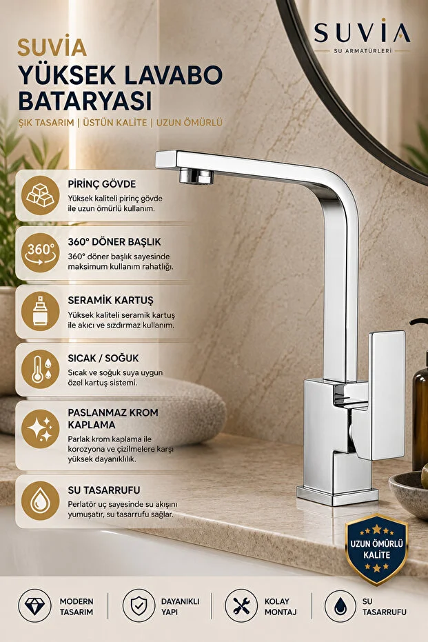 Lavabo Bataryası Kare Yüksek Pirinç Gövde 360 Döner Krom Tek Kollu Banyo Musluğu