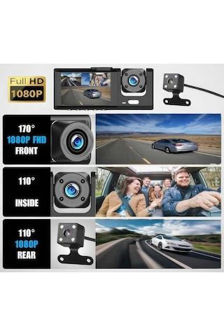 Araç İçi 3 Kameralı 1080p /2.0 İnç Lcd Ekranlı /gece Görüşlü /ger