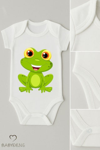 Babyden's %100 Pamuklu Sevimli Hayvan Figürlü Bebek Body Unisex Çıtçıtlı Kısa Kollu Zıbın Kurbağa Beyaz