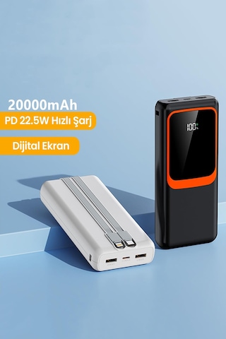 20.000 Mah Hızlı Şarj Pd 22.5w Powerbank Lightning Type-c Çıkışlı Dijital Göstergeli Kendinden Kablo Siyah