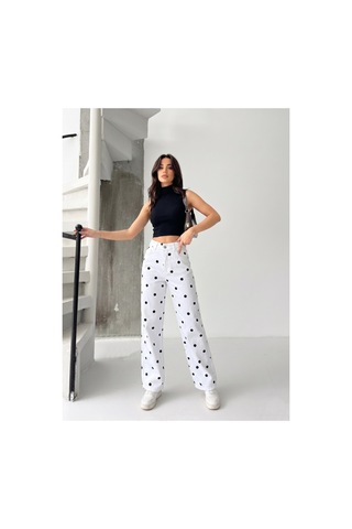 Kene Jeans Bol Paça Puantiyeli Beyaz Keten Pantolon Beyaz