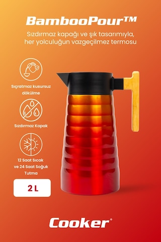 Cooker Bamboopour 2 Litre Paslanmaz Çelik Bambu Saplı Termos Ckr2097 Sarı