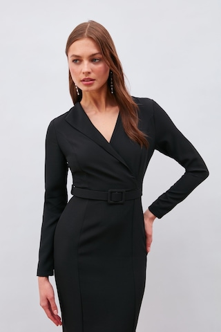 Sateen Kemerli Kalem Elbise - Siyah