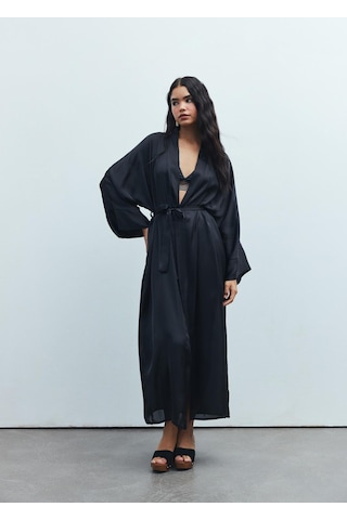 Frappant Siyah Uzun Saten Sabahlık / Kimono Siyah