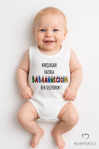 Babyden's Harçlıkları Hazırla Babaannecim Ben Geliyorum Yazılı Kolsuz Bebek Body Pamuk Yazlık Çıtçıtlı Zıbın Beyaz