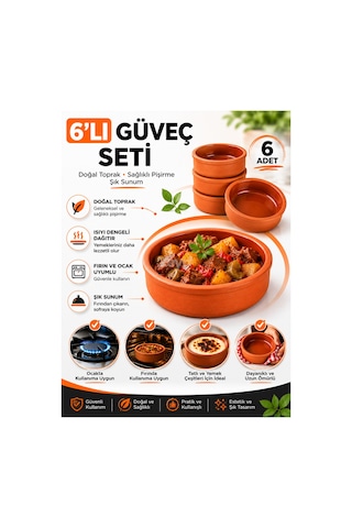 6'lı Toprak Güveç Seti Fırın Ve Ocak Uyumlu Porsiyonluk Güveç Kabı Sütlaç, Sufle Ve Yemek Sunumu İçin Kiremit