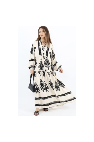 Prive Kadın Şal Desen Maksi Boy %100 Viskon Krem Siyah Uzun Elbise