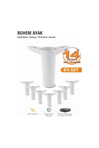 İmt Aksesua Bohem 14 Cm Beyaz 8 Adet Mobilya Ayağı Robot Süpürgeye Uyumlu Koltuk Dolap Tv Ünitesi Konsol Ayağı Beyaz